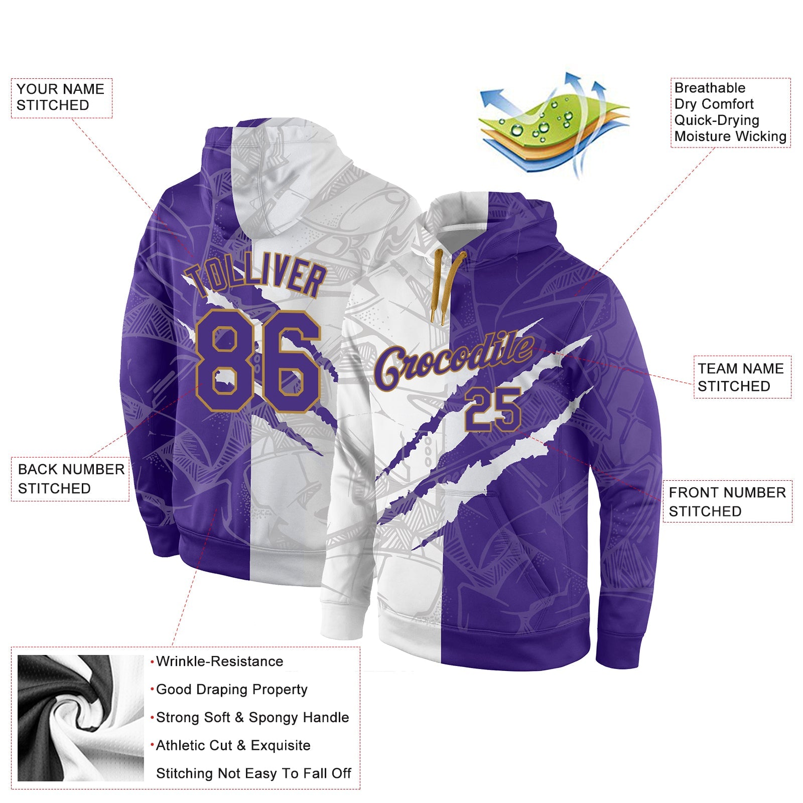 Custom Stitched Graffiti Pattern Purple-Old Gold 3D Sports Pullover Sweatshirt Hoodie view 2