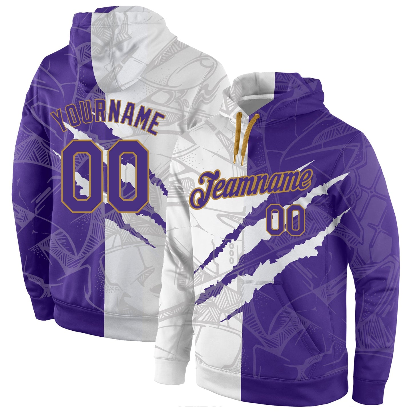 Custom Stitched Graffiti Pattern Purple-Old Gold 3D Sports Pullover Sweatshirt Hoodie - Main View