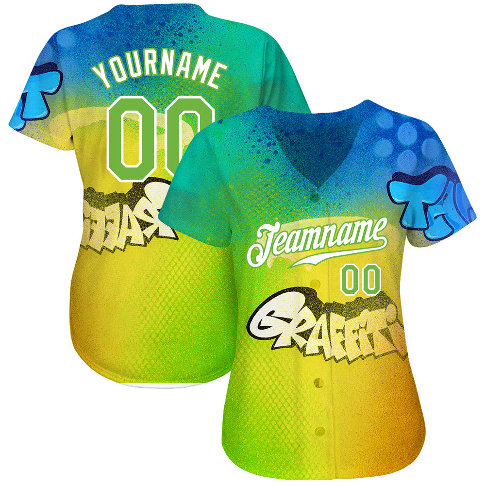 Custom Graffiti Pattern Neon Green-White 3D Authentic Baseball Jersey view 2