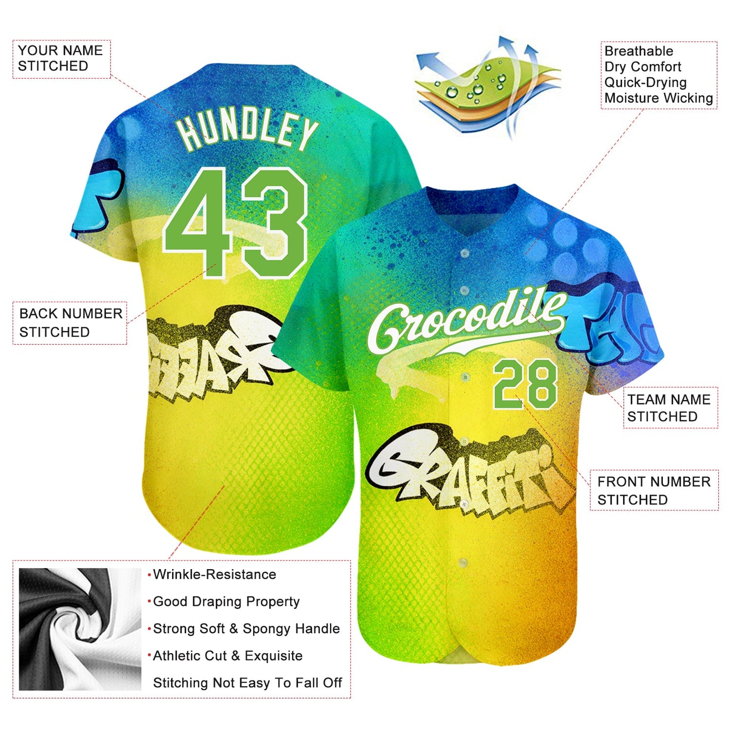 Custom Graffiti Pattern Neon Green-White 3D Authentic Baseball Jersey view 3