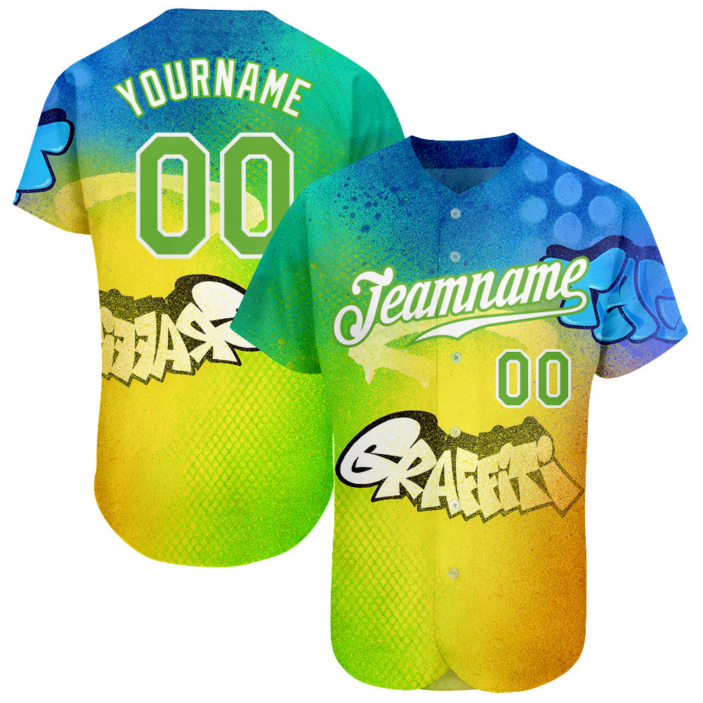 Custom Graffiti Pattern Neon Green-White 3D Authentic Baseball Jersey - Main View