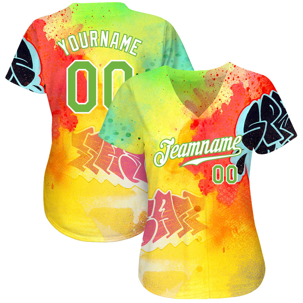Custom Graffiti Pattern Neon Green-White 3D Authentic Baseball Jersey view 2