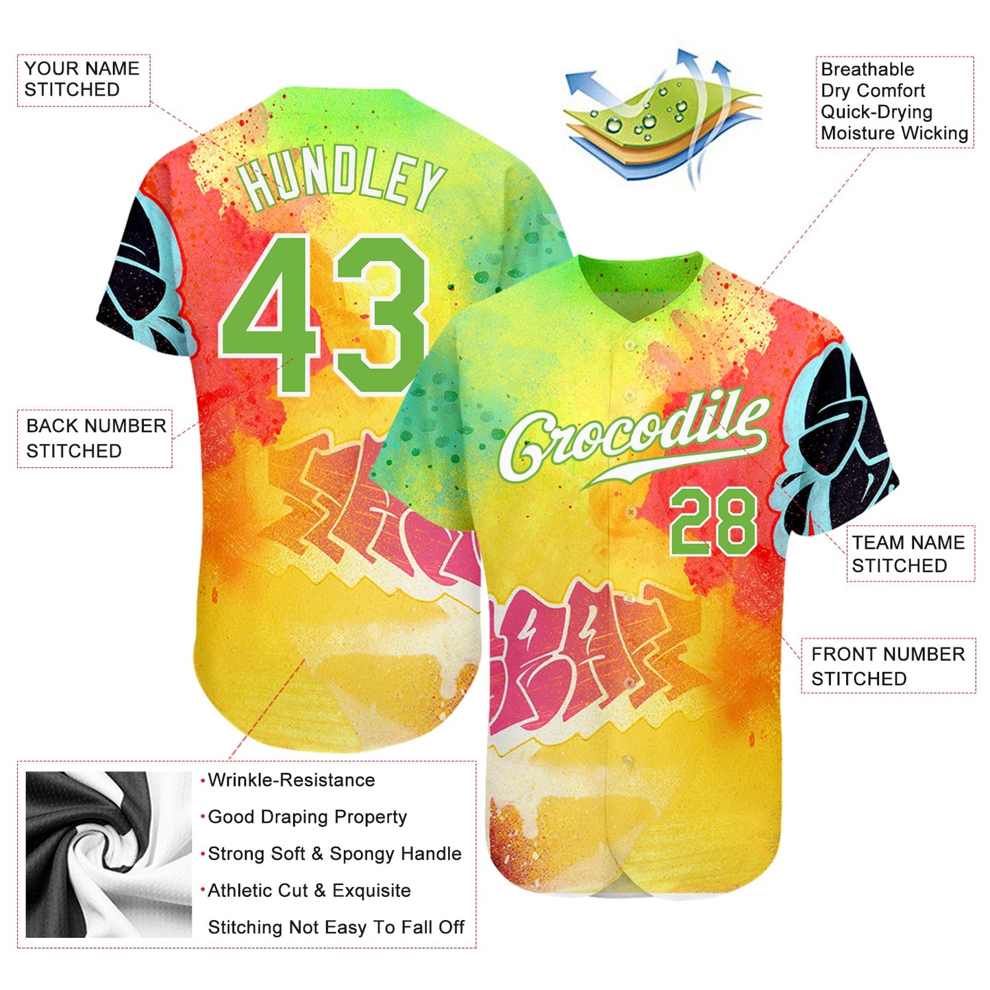 Custom Graffiti Pattern Neon Green-White 3D Authentic Baseball Jersey view 3