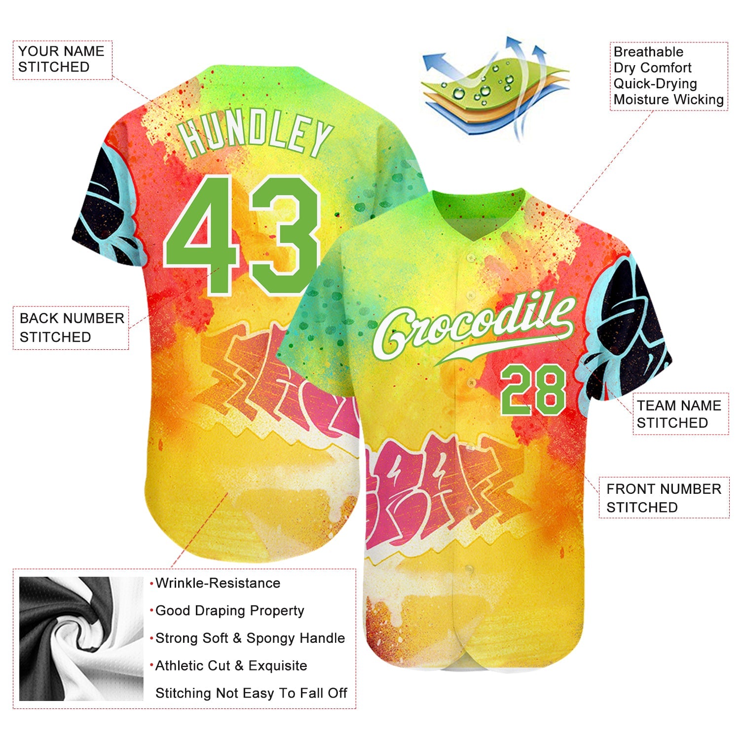 Custom Graffiti Pattern Neon Green-White 3D Authentic Baseball Jersey view 3