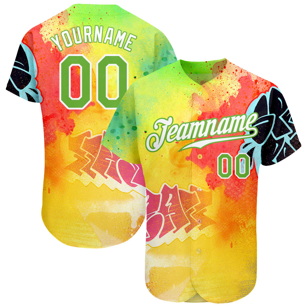 Custom Graffiti Pattern Neon Green-White 3D Authentic Baseball Jersey - Main View