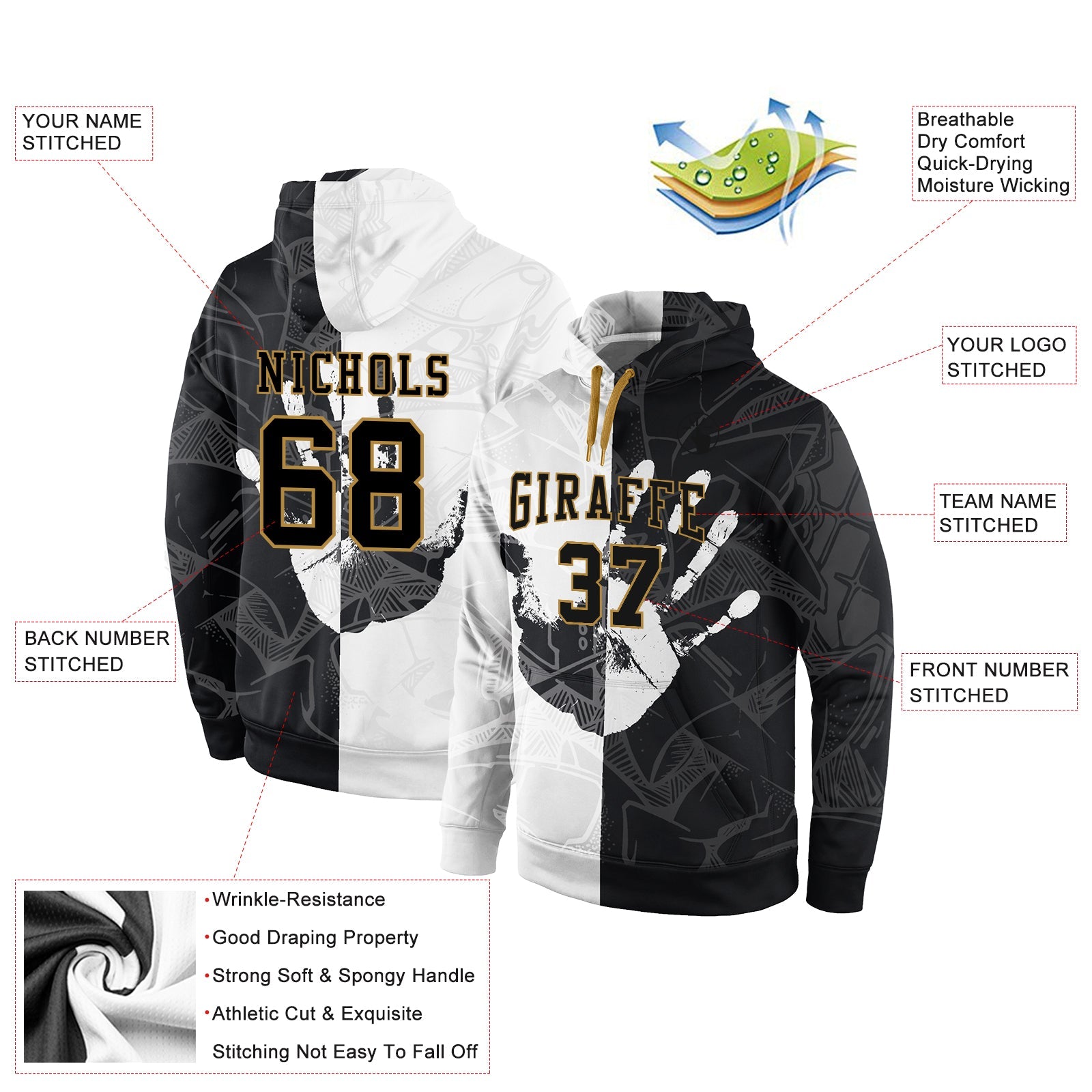 Custom Stitched Graffiti Pattern Black-Old Gold 3D Sports Pullover Sweatshirt Hoodie view 2