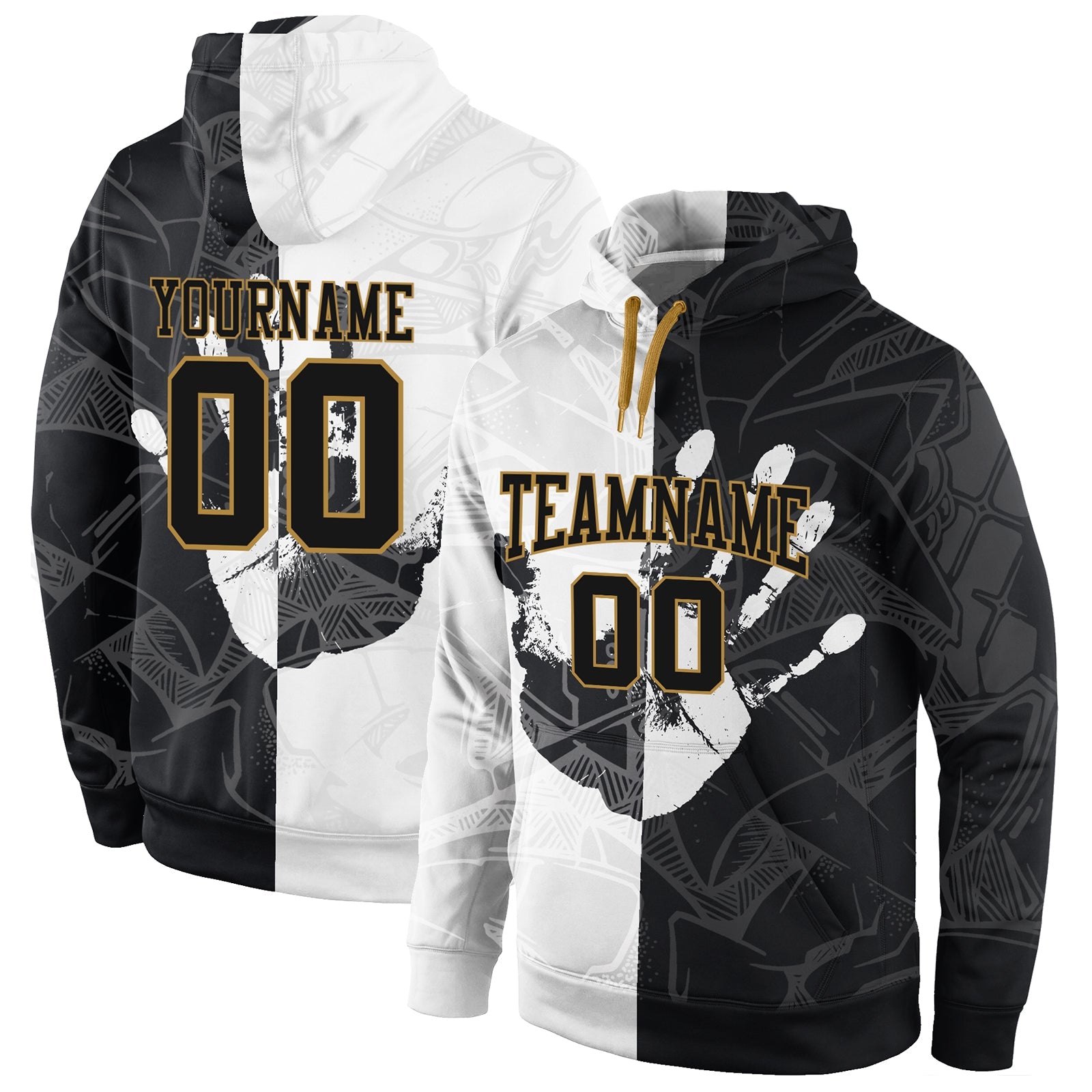 Custom Stitched Graffiti Pattern Black-Old Gold 3D Sports Pullover Sweatshirt Hoodie - Main View