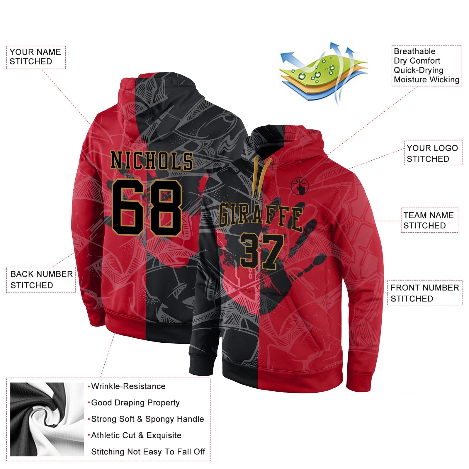 Custom Stitched Graffiti Pattern Black-Old Gold 3D Sports Pullover Sweatshirt Hoodie view 2