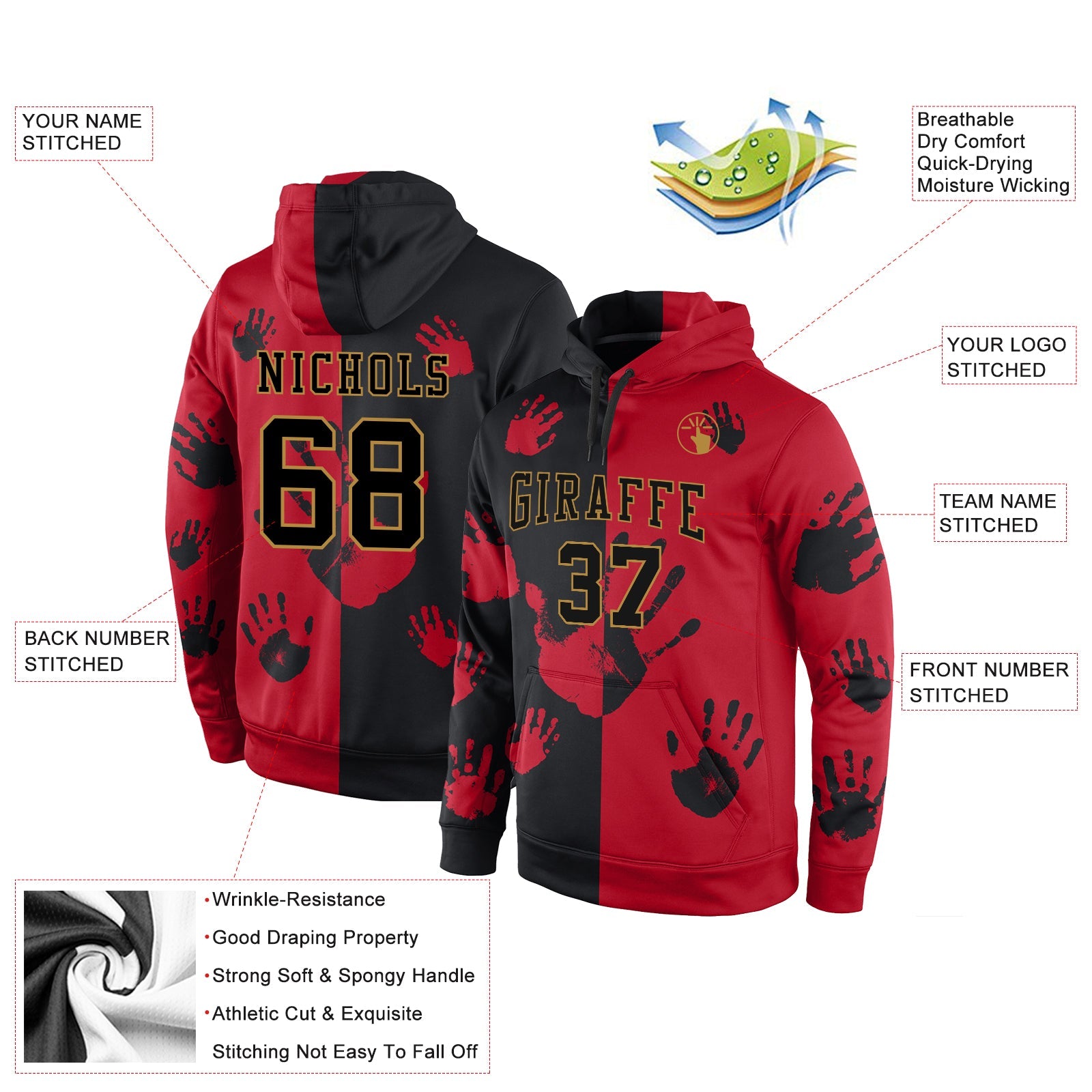 Custom Stitched Graffiti Pattern Black-Old Gold 3D Sports Pullover Sweatshirt Hoodie view 2