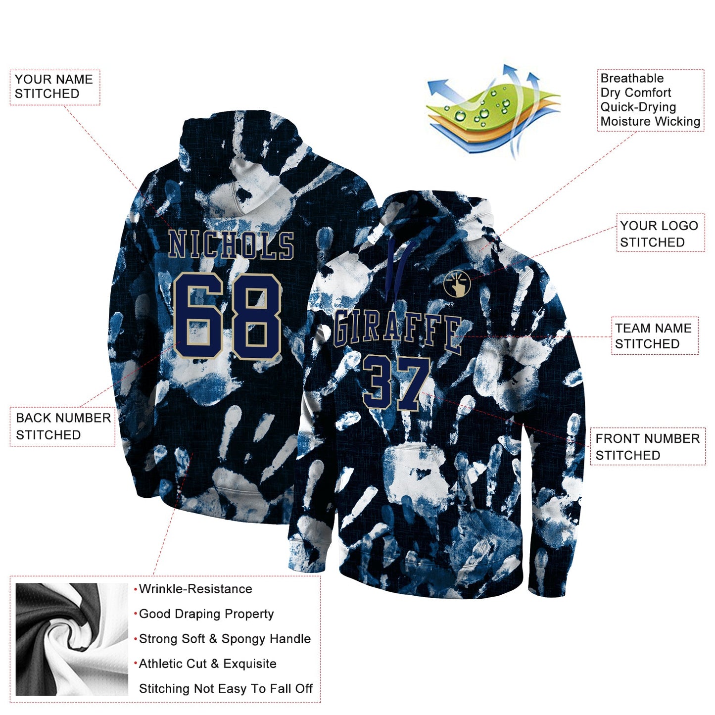 Custom Stitched Graffiti Pattern Navy-Vegas Gold 3D Sports Pullover Sweatshirt Hoodie view 2