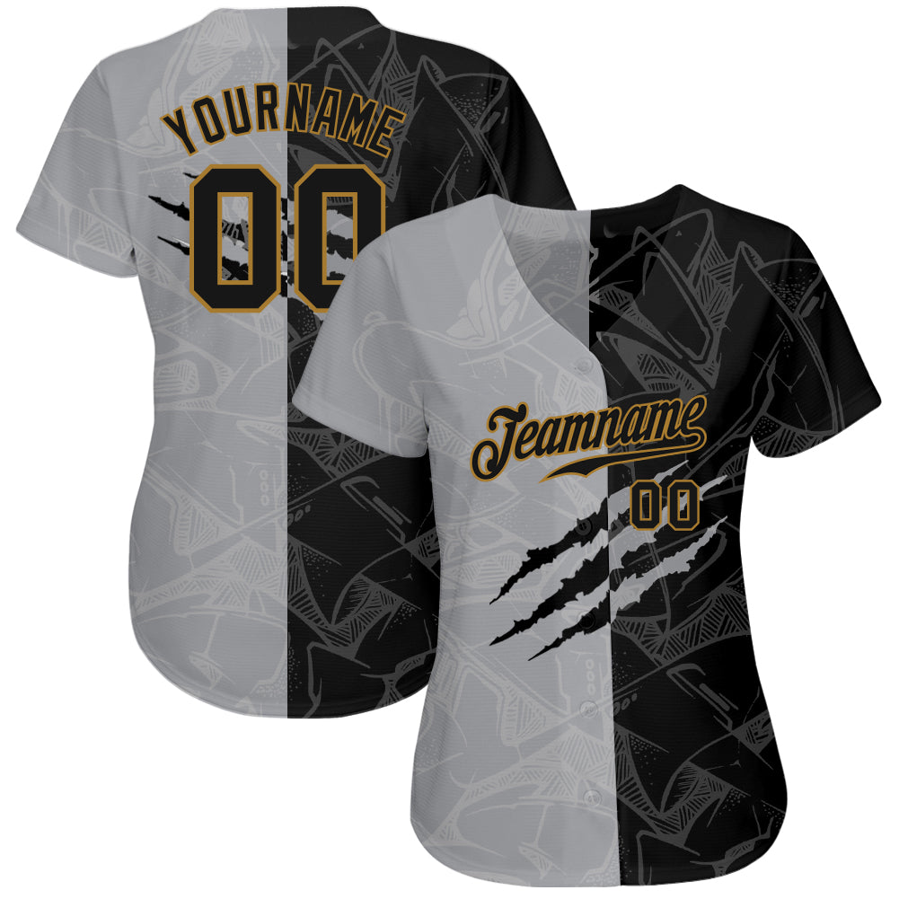 Custom Graffiti Pattern Black-Old Gold 3D Authentic Baseball Jersey view 2