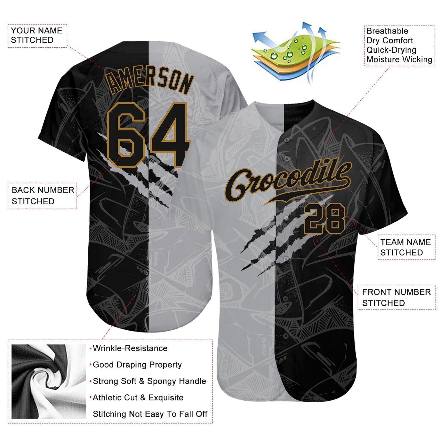 Custom Graffiti Pattern Black-Old Gold 3D Authentic Baseball Jersey view 3
