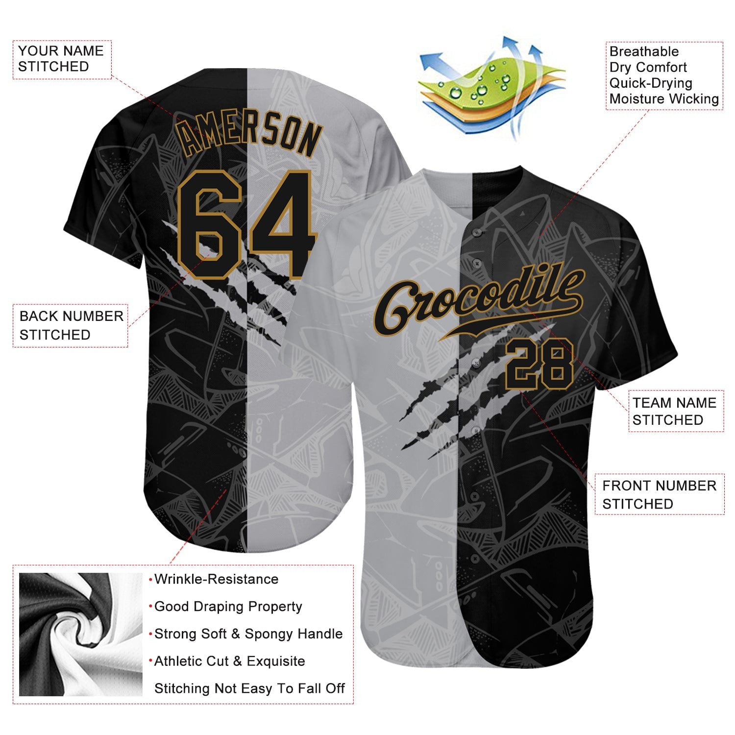 Custom Graffiti Pattern Black-Old Gold 3D Authentic Baseball Jersey view 3