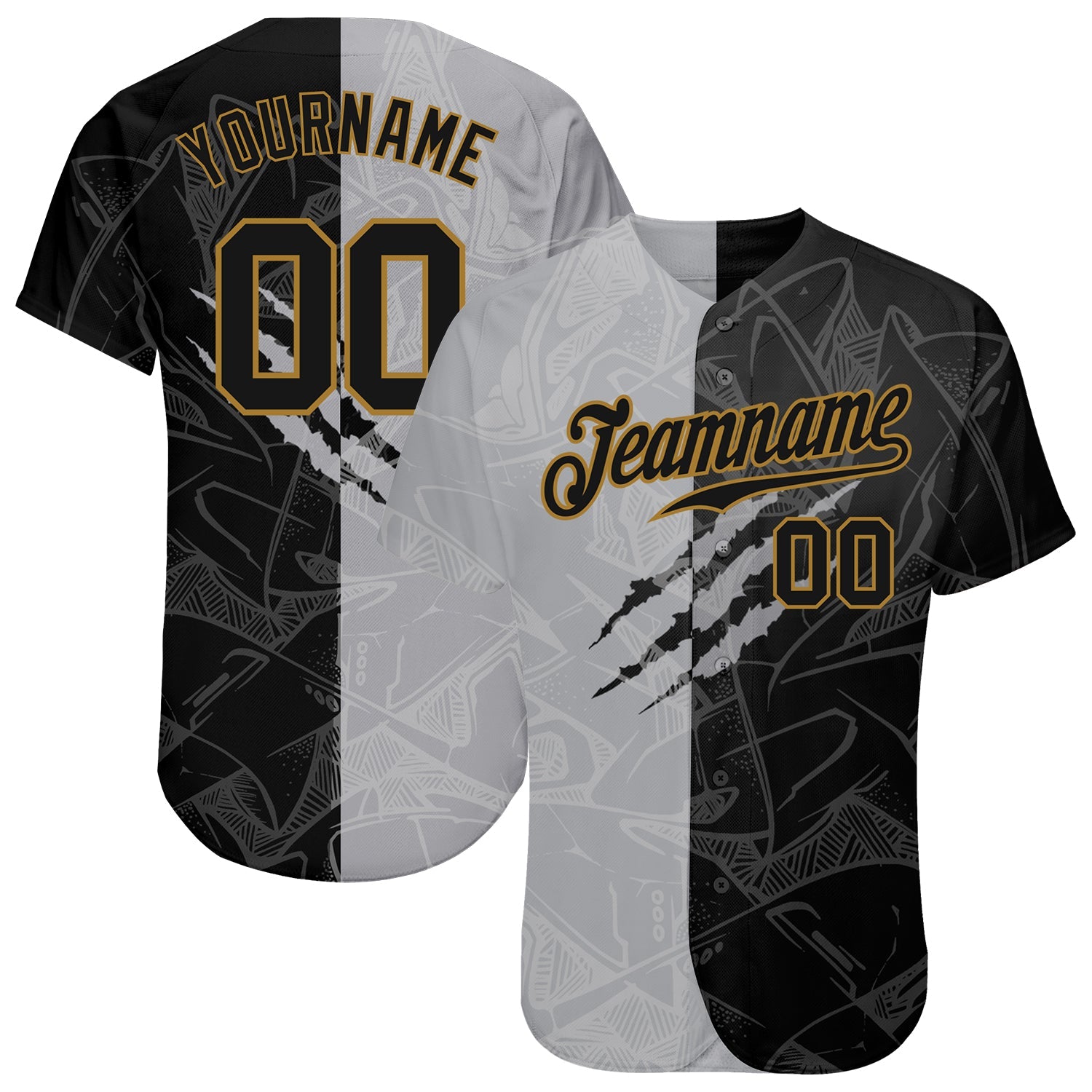 Custom Graffiti Pattern Black-Old Gold 3D Authentic Baseball Jersey - Main View