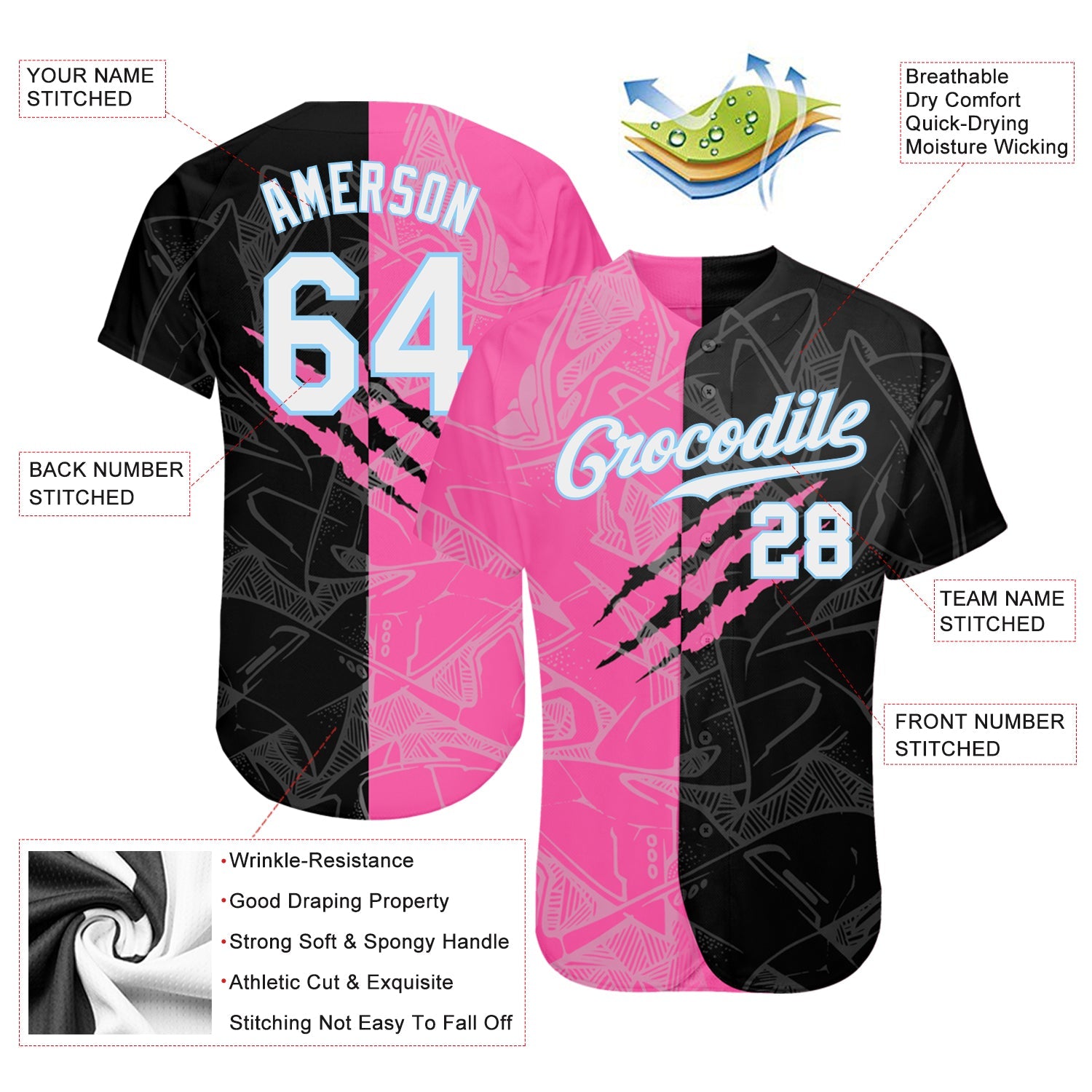 Custom Graffiti Pattern White-Light Blue 3D Authentic Baseball Jersey view 3