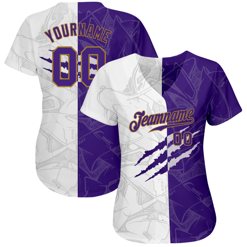 Custom Graffiti Pattern Purple-Old Gold 3D Authentic Baseball Jersey view 2