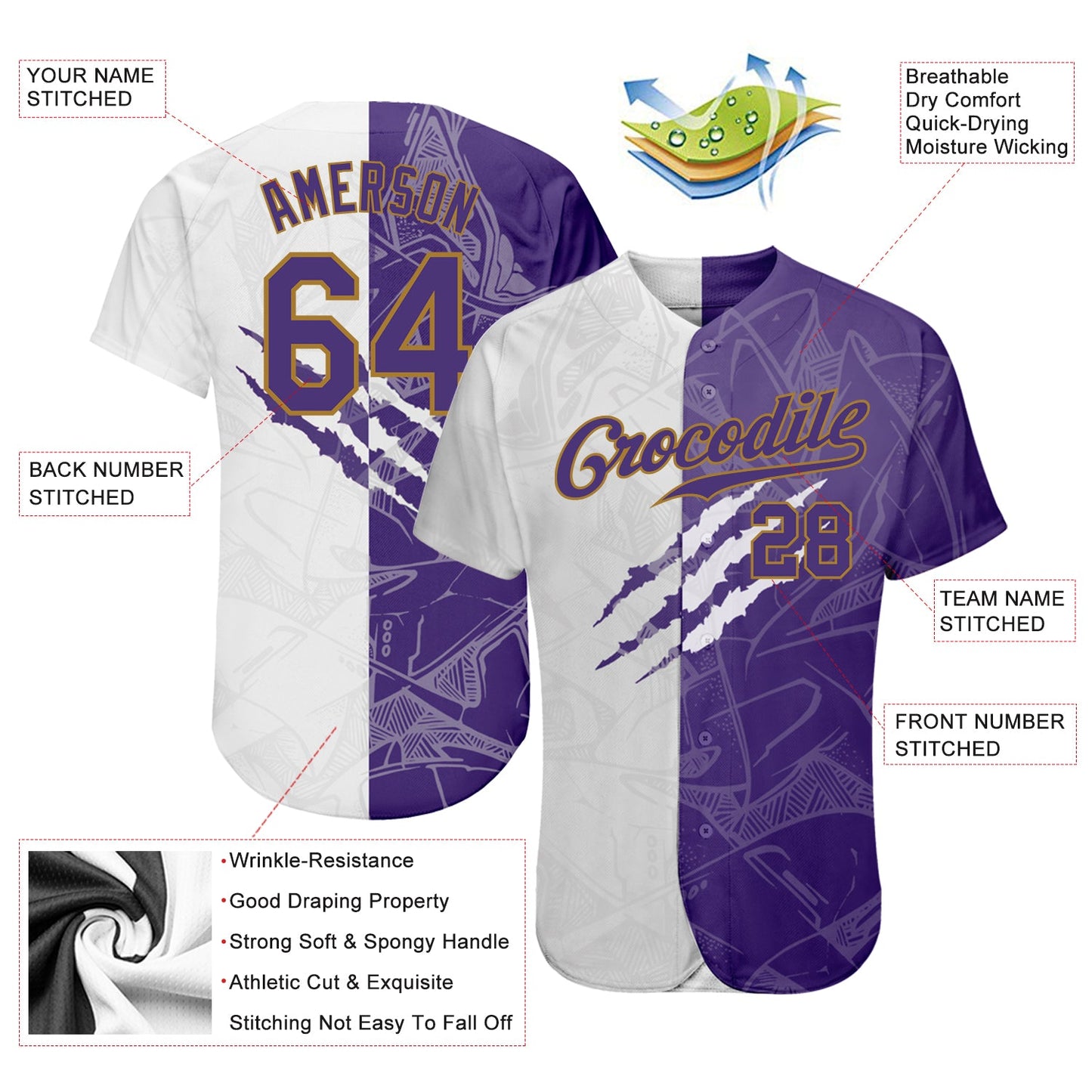 Custom Graffiti Pattern Purple-Old Gold 3D Authentic Baseball Jersey view 3