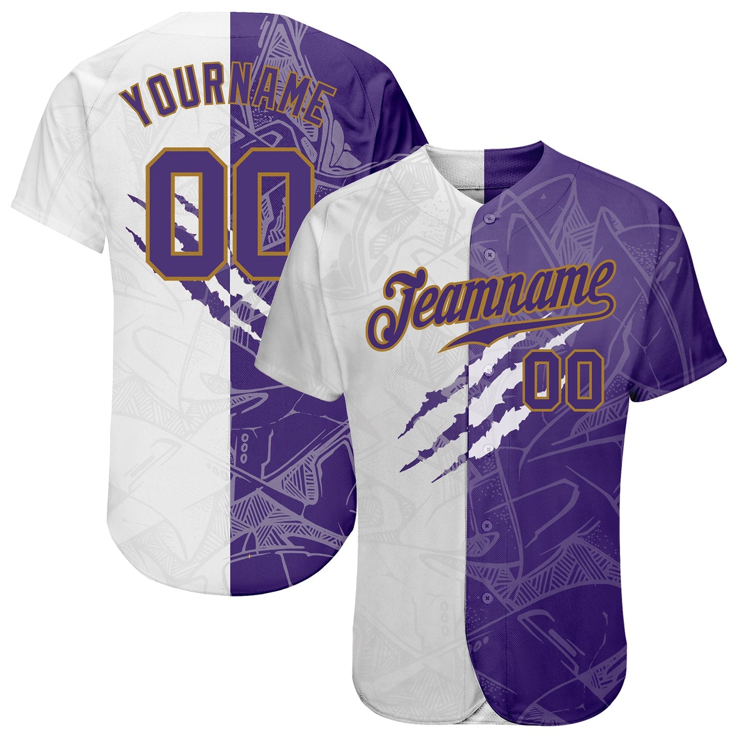 Custom Graffiti Pattern Purple-Old Gold 3D Authentic Baseball Jersey - Main View
