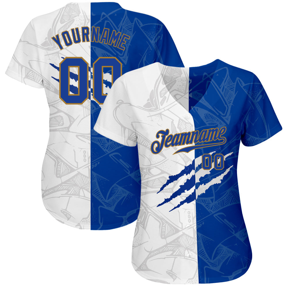 Custom Graffiti Pattern Royal-Old Gold 3D Authentic Baseball Jersey view 2