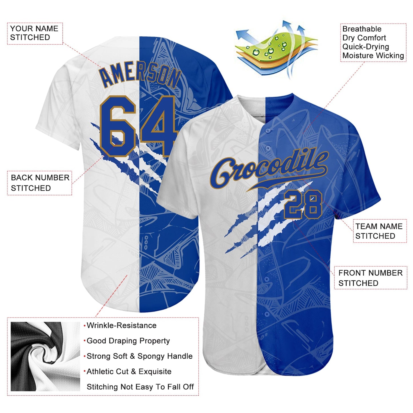 Custom Graffiti Pattern Royal-Old Gold 3D Authentic Baseball Jersey view 3