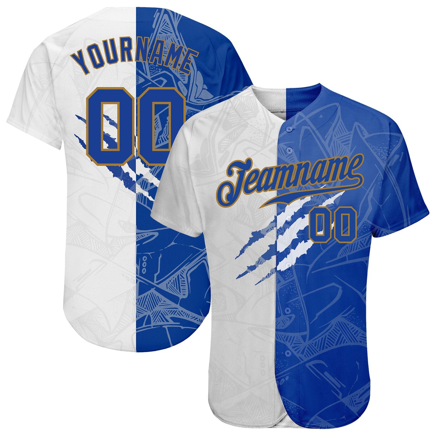 Custom Graffiti Pattern Royal-Old Gold 3D Authentic Baseball Jersey - Main View