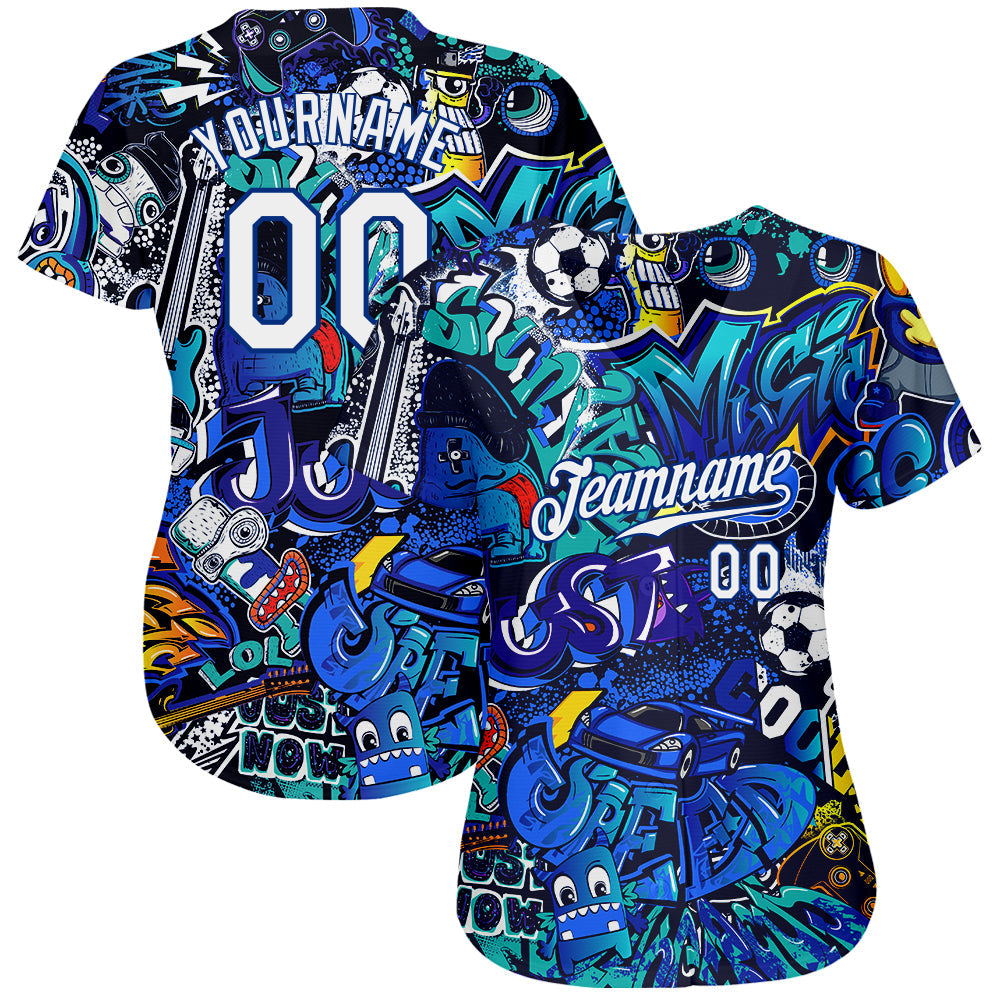 Custom Graffiti Pattern White-Royal 3D Authentic Baseball Jersey view 2