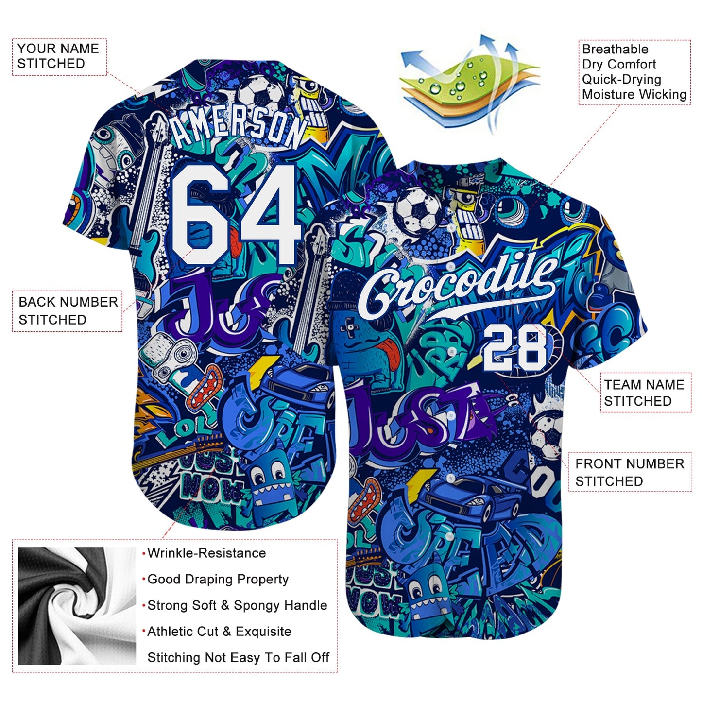 Custom Graffiti Pattern White-Royal 3D Authentic Baseball Jersey view 3