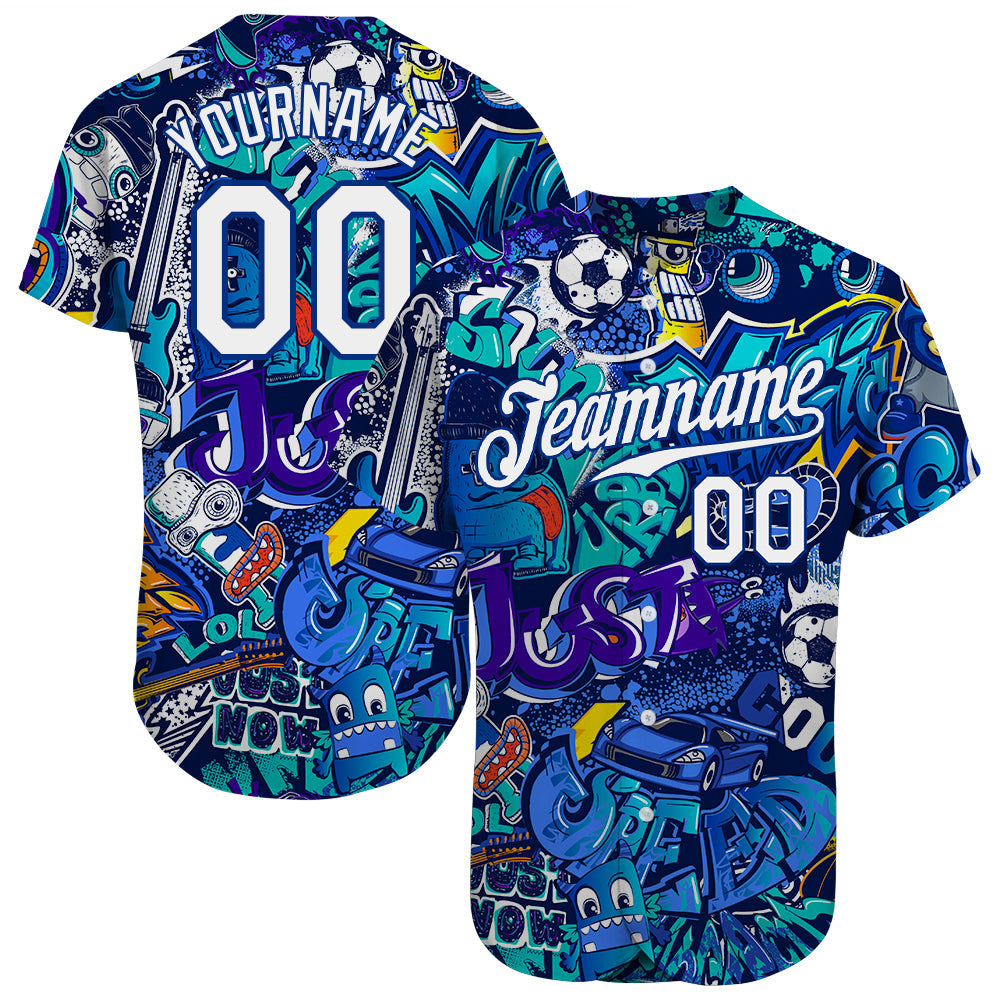 Custom Graffiti Pattern White-Royal 3D Authentic Baseball Jersey - Main View