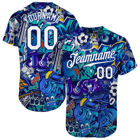Custom Graffiti Pattern White-Royal 3D Authentic Baseball Jersey - Main View