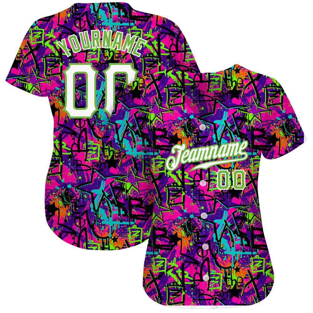Custom Graffiti Pattern White-Neon Green 3D Authentic Baseball Jersey view 3