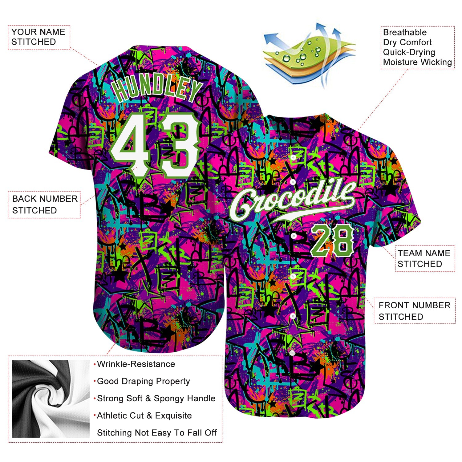 Custom Graffiti Pattern White-Neon Green 3D Authentic Baseball Jersey view 4
