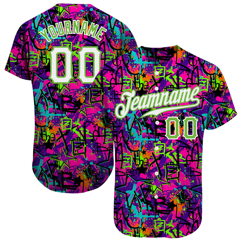Custom Graffiti Pattern White-Neon Green 3D Authentic Baseball Jersey - Main View