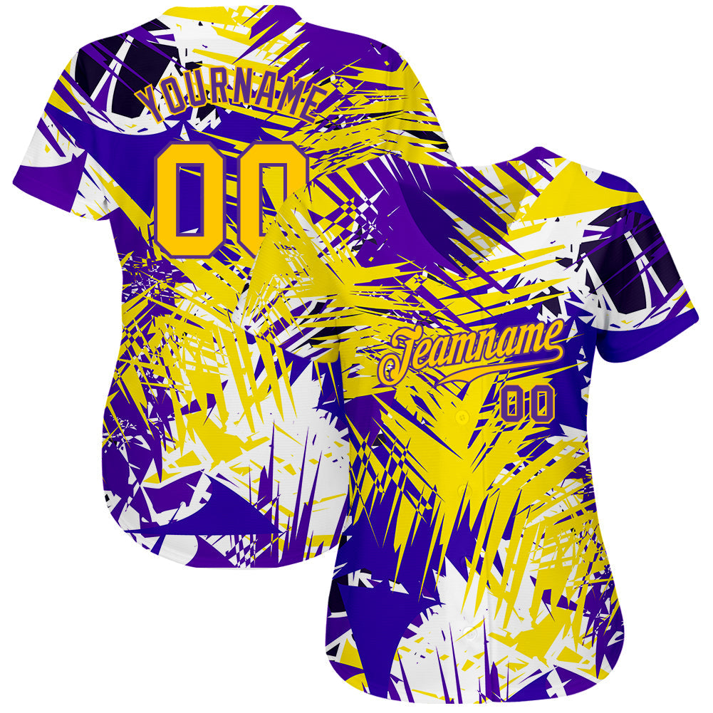 Custom Graffiti Pattern Gold-Purple 3D Authentic Baseball Jersey view 2