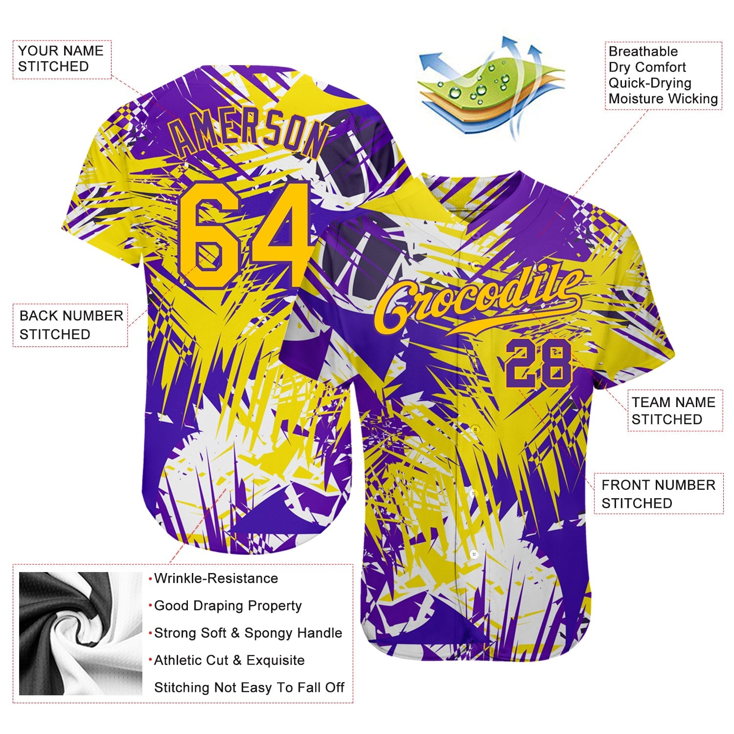 Custom Graffiti Pattern Gold-Purple 3D Authentic Baseball Jersey view 3