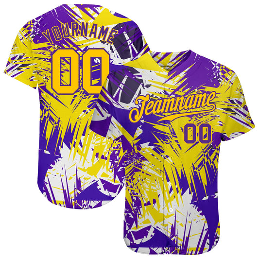 Custom Graffiti Pattern Gold-Purple 3D Authentic Baseball Jersey - Main View