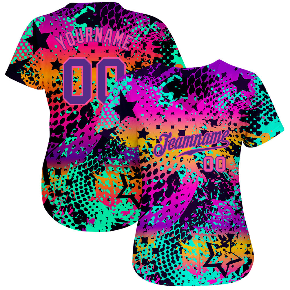 Custom Graffiti Pattern Purple-Pink 3D Authentic Baseball Jersey view 2