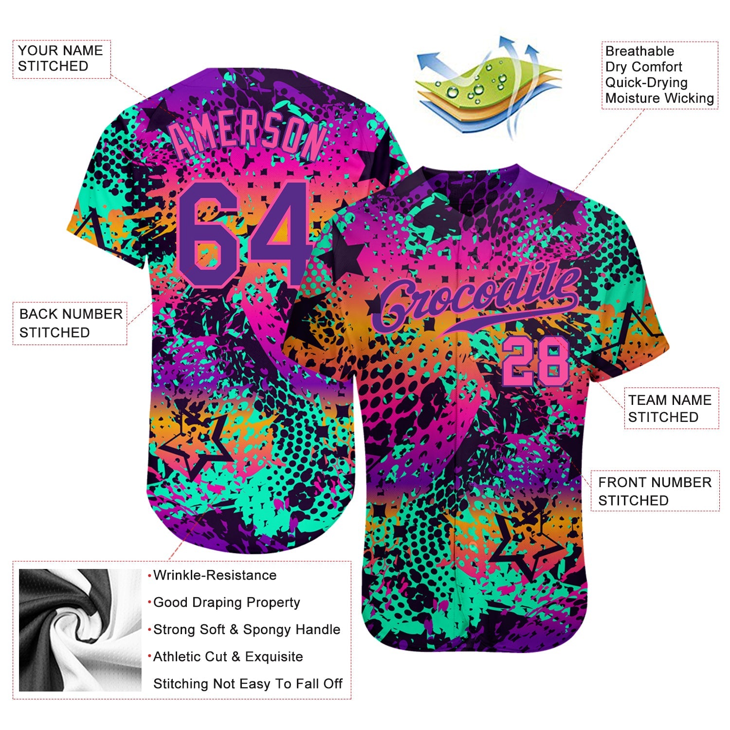 Custom Graffiti Pattern Purple-Pink 3D Authentic Baseball Jersey view 3
