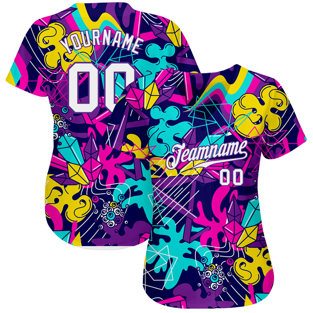 Custom Graffiti Pattern White-Purple 3D Authentic Baseball Jersey view 2