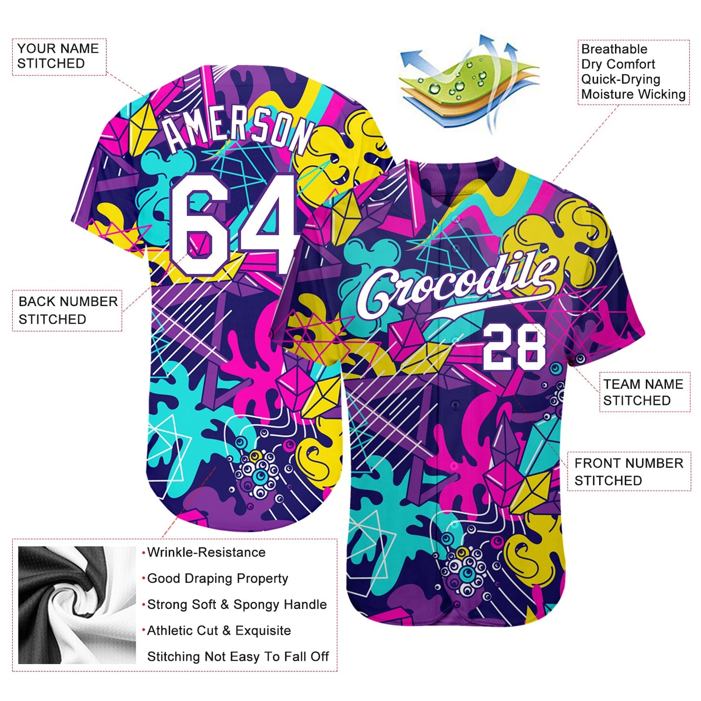 Custom Graffiti Pattern White-Purple 3D Authentic Baseball Jersey view 3