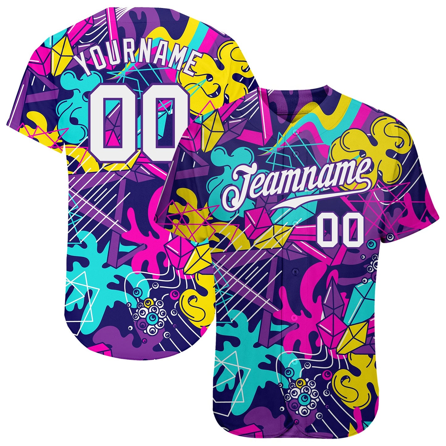 Custom Graffiti Pattern White-Purple 3D Authentic Baseball Jersey - Main View