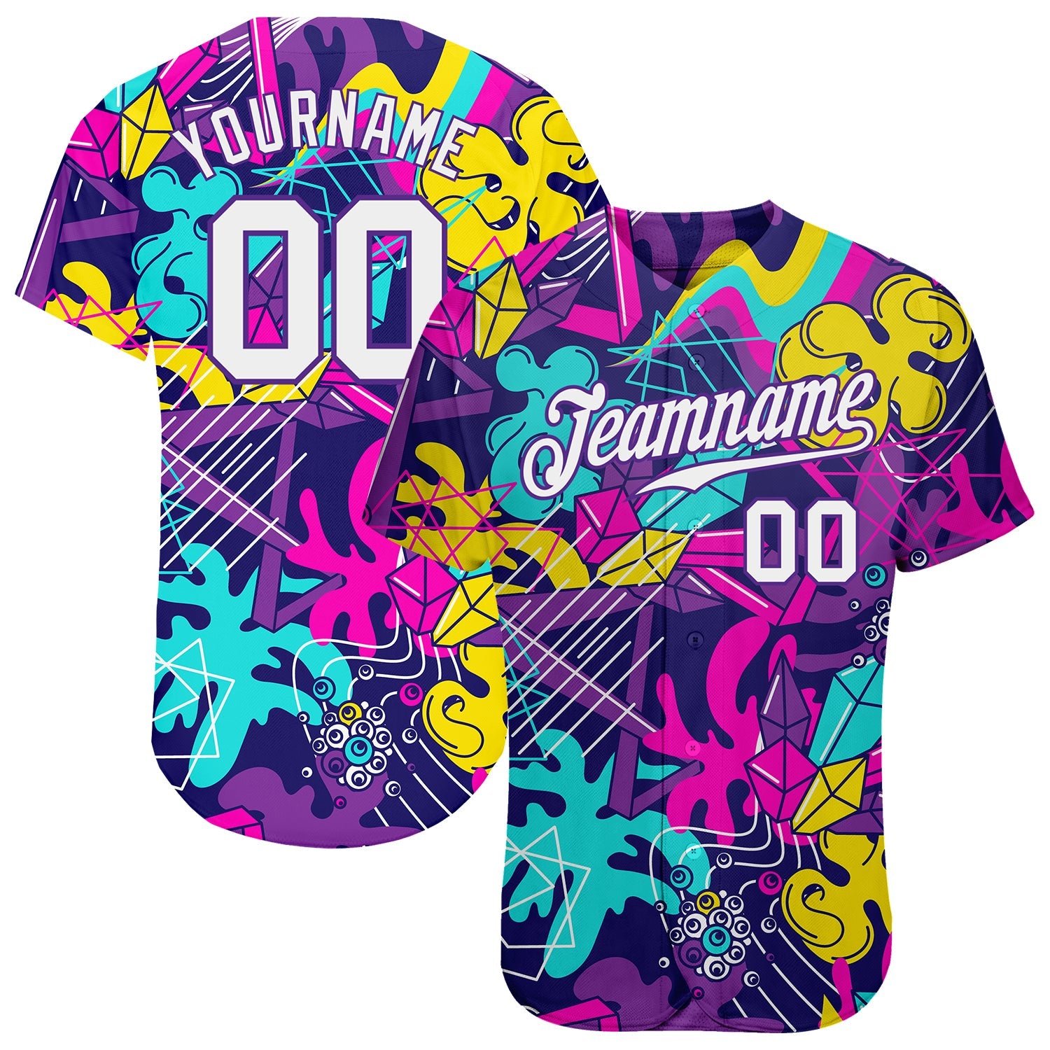 Custom Graffiti Pattern White-Purple 3D Authentic Baseball Jersey - Main View