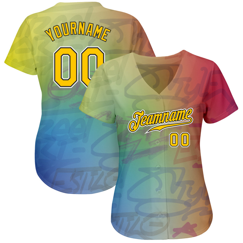 Custom Graffiti Pattern Gold-Black 3D Authentic Baseball Jersey view 2