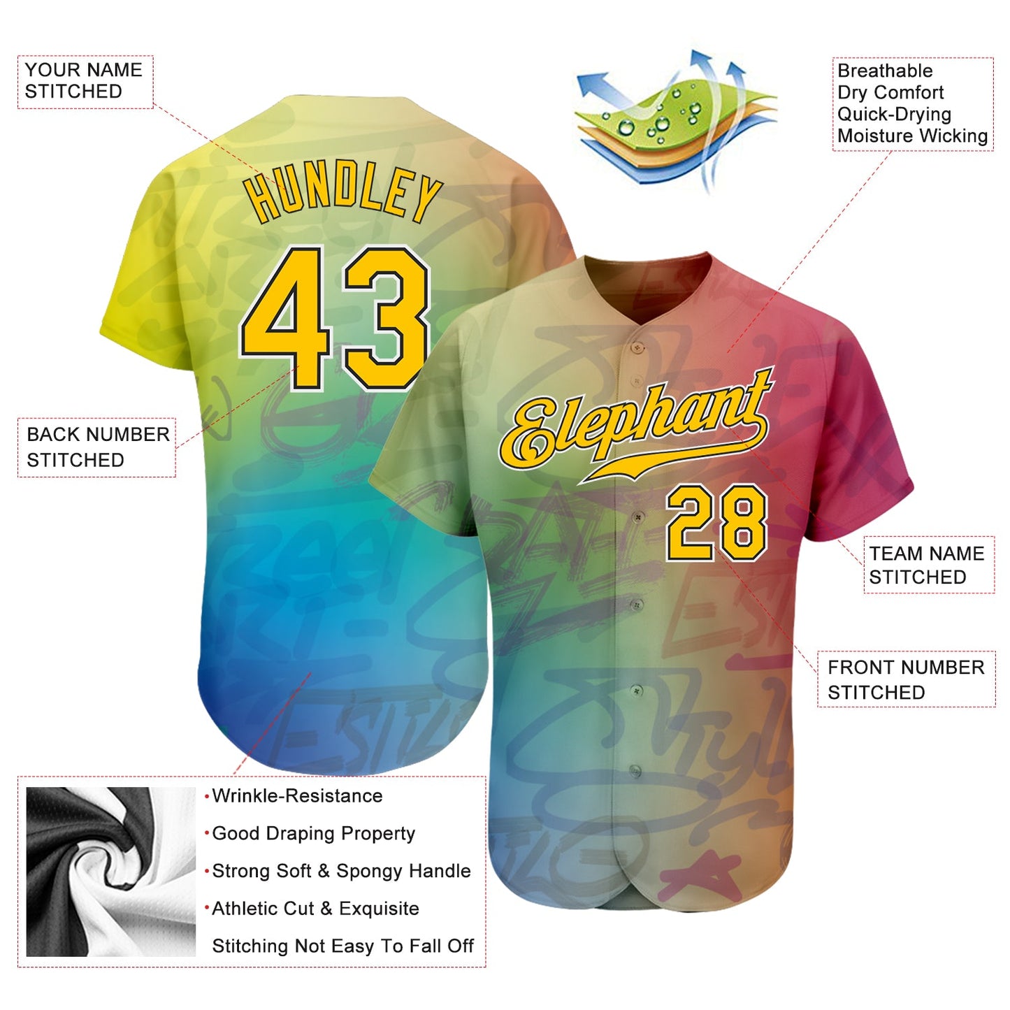 Custom Graffiti Pattern Gold-Black 3D Authentic Baseball Jersey view 3