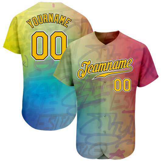 Custom Graffiti Pattern Gold-Black 3D Authentic Baseball Jersey - Main View