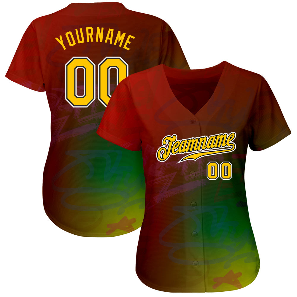 Custom Graffiti Pattern Gold-Black 3D Authentic Baseball Jersey view 2