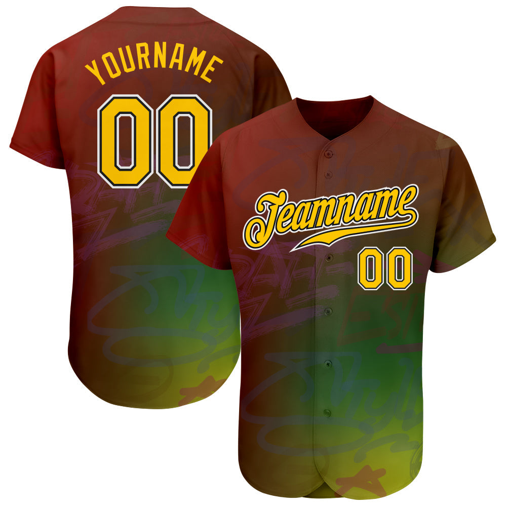 Custom Graffiti Pattern Gold-Black 3D Authentic Baseball Jersey - Main View
