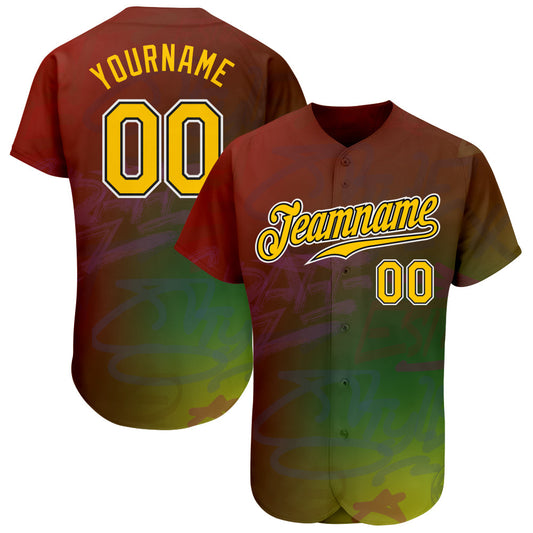 Custom Graffiti Pattern Gold-Black 3D Authentic Baseball Jersey - Main View