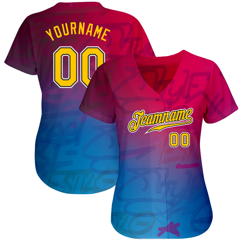 Custom Graffiti Pattern Gold-Black 3D Authentic Baseball Jersey view 2