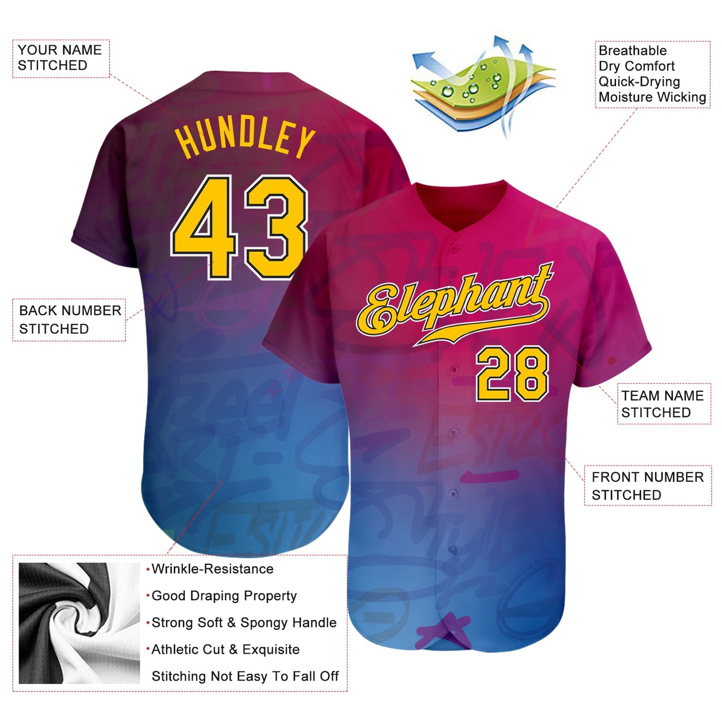 Custom Graffiti Pattern Gold-Black 3D Authentic Baseball Jersey view 3
