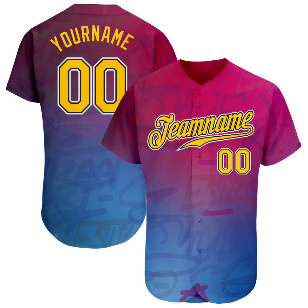 Custom Graffiti Pattern Gold-Black 3D Authentic Baseball Jersey - Main View